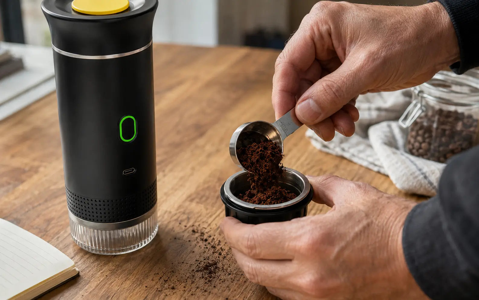 Hands measuring coffee grounds into the KOVA basket